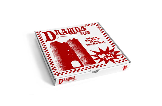 a white box with a red design on it