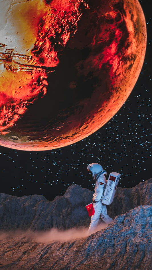 Astronaut exploring a red planet's surface.