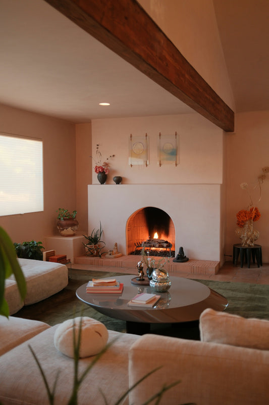 Cozy living room with fireplace and modern furniture