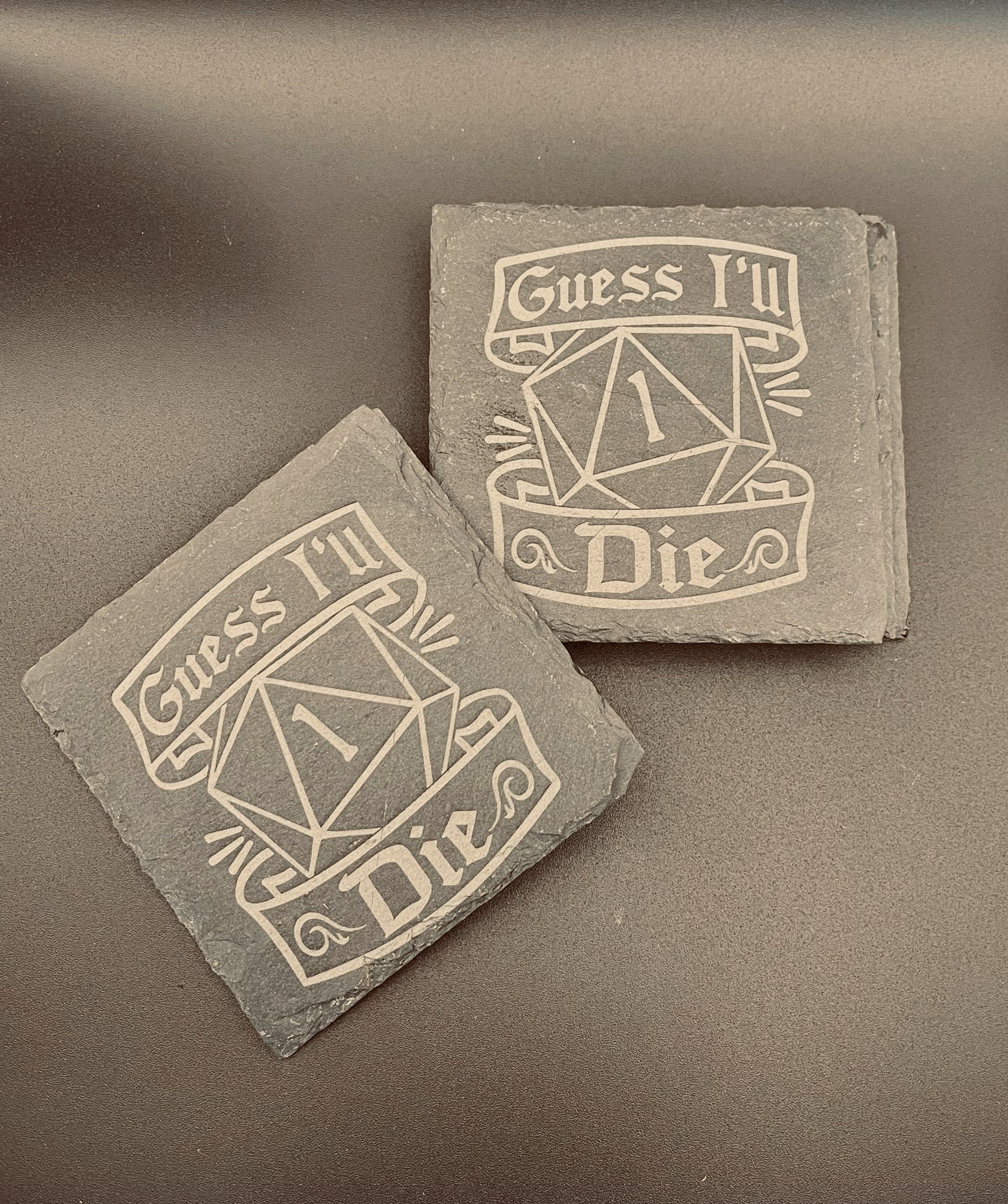 "Guess I'll Die" D20 Slate Coasters - Set of 2
