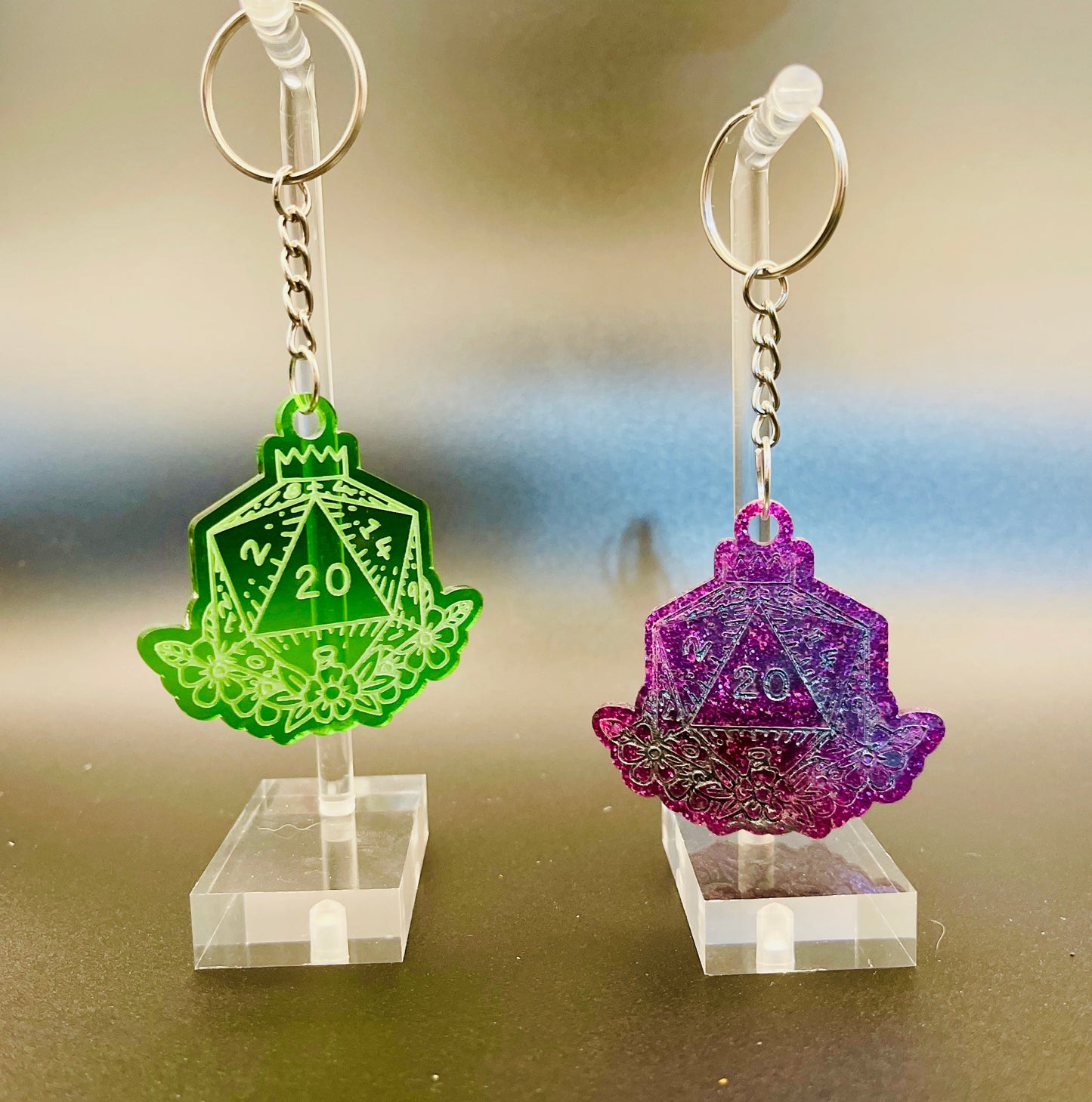 D20 Floral Crown Keychain - Laser Engraved Acrylic Dice Charm