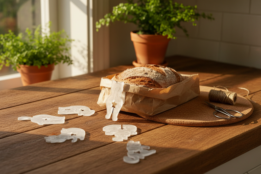 Cat bread ties in rustic kitchen setting