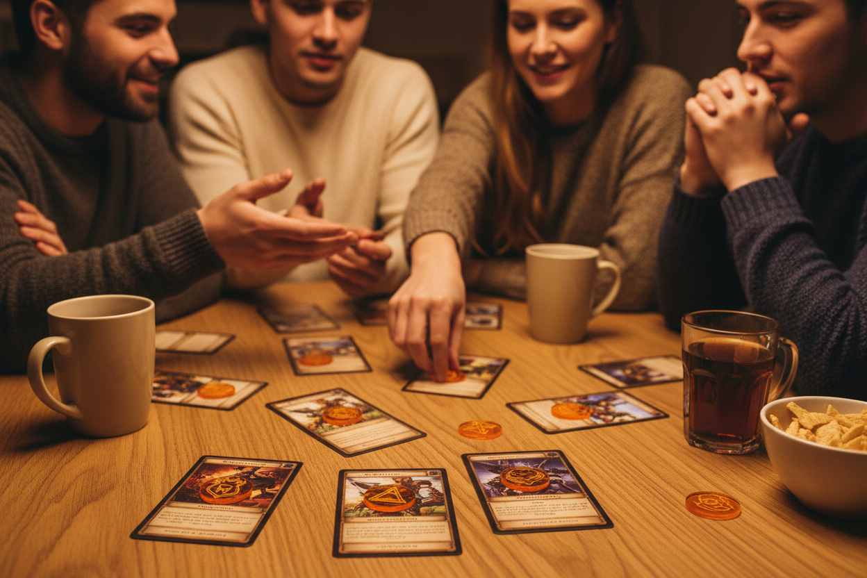 Friends playing cards with circular condition tokens