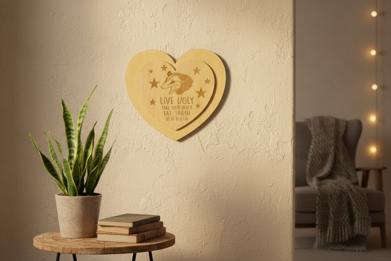 Live Ugly Opossum Wall Art - 11 Inch Heart-Shaped Laser Engraved Wood Sign