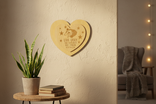 Live Ugly Opossum Wall Art - 11 Inch Heart-Shaped Laser Engraved Wood Sign