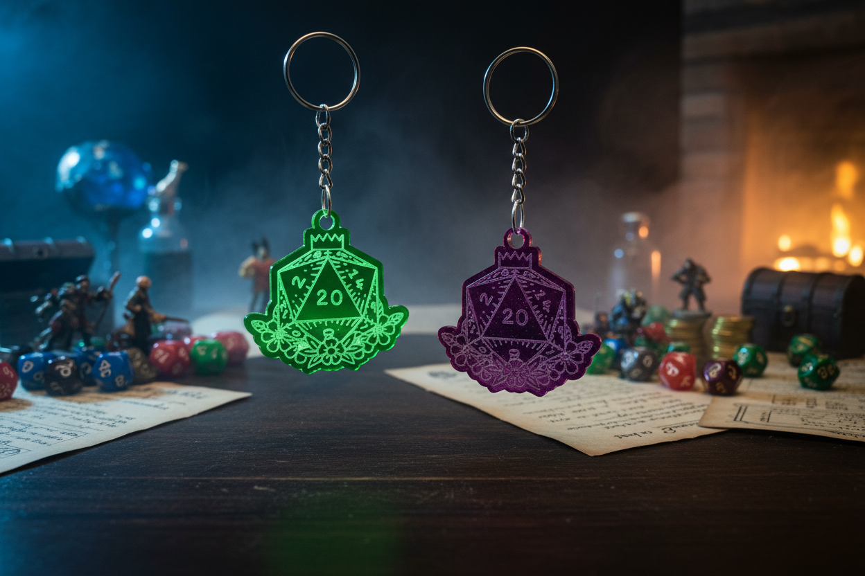 D20 Floral Crown Keychain - Laser Engraved Acrylic Dice Charm