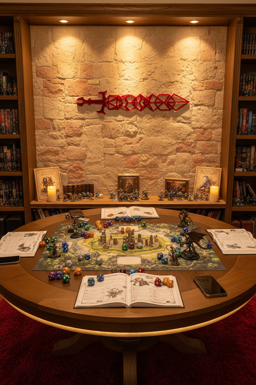 Red dice sword hanging on gaming room wall