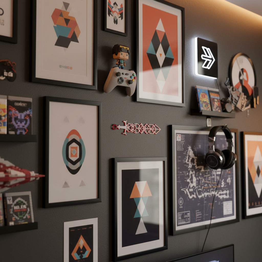 Small red geometric sword on gamer gallery wall